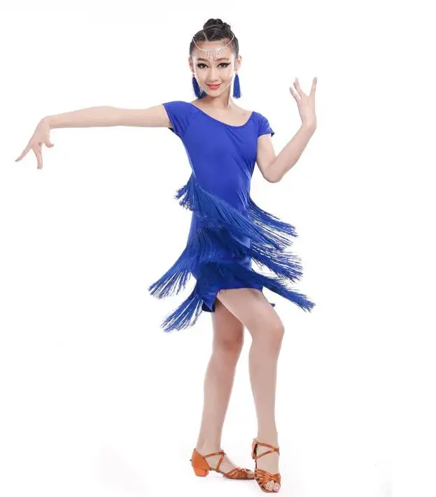 Для девочек с кисточками, для латинских танцев Танцы детское платье Самба танцевальная одежда костюмы для детей профессиональная бальная комната сальса Латинский бахрома платье - Цвет: Синий