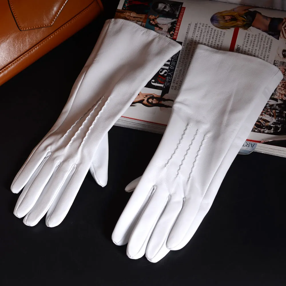 US $27.80 30cm 12 Womens Ladies Leather Raised Stitching White Middle Long Gloves Party Evening Gloves Customized