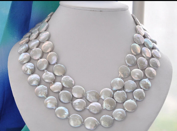 

FREE shipping>>>>Z5570 REAL 3row 19" 14mm gray coin freshwater pearl necklace new