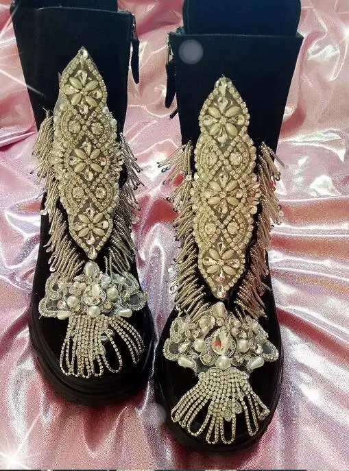 De Lujo Hecho Del Estrella Martin Botas A Mollete Borla Después Pesado Mano Trabajo Grueso Negro Fondo Bandas Moldeado Crystal Gem xtFBx