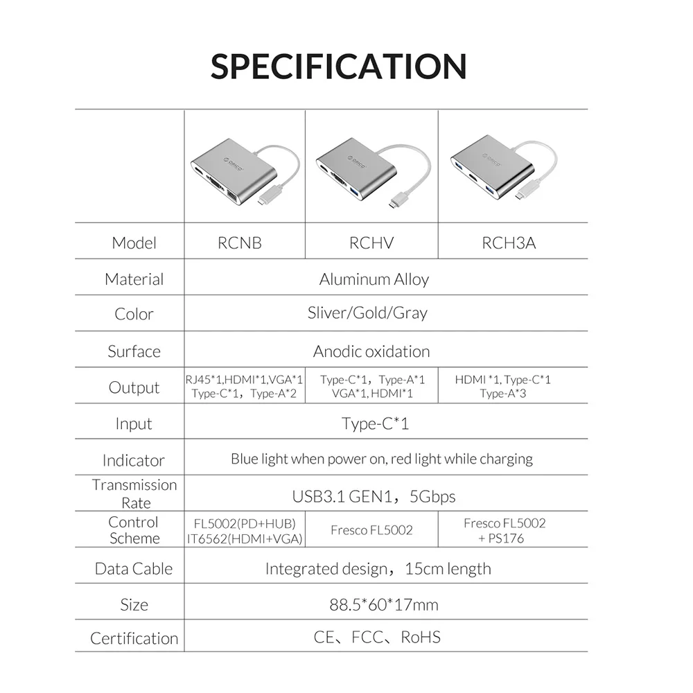 ORICO USB C концентратор для ноутбука PD функция зарядки алюминиевый Олли тип-c к HDMI/VGA/USB3.0/RJ45/SD TF кардридер 7 моделей серебро