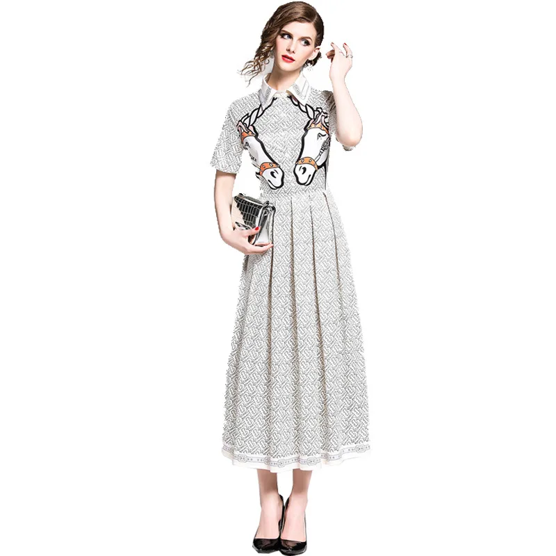 

2019 New Fashion Women'S Summer Dress Big Swing Dress Casual Lapel Short Sleeve Animal Print Middle Waist Pleated Slim Dress