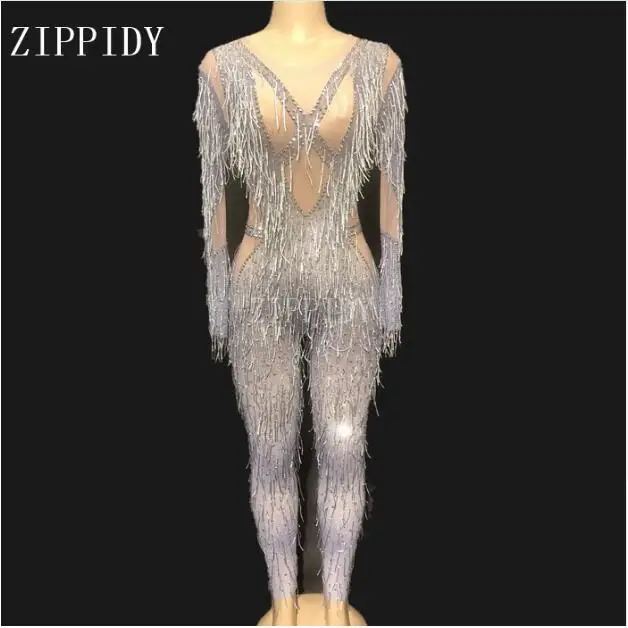 

2 Styles Stones Tassel Mesh Bodysuit Nightclub Women Singer Dancer Jumpsuit Transparent Clothes Birthday Celebrate Outfit YOUDU