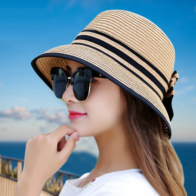 Baratos Muchique Boater sombreros para mujer verano sombrero de paja de ala ancha sombreros de playa chica exterior de viaje sombrero de paja Casual Bow Hat B 7847
