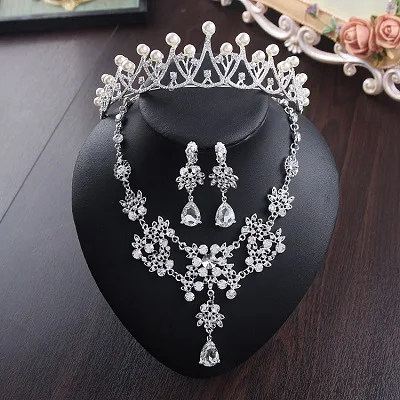 Bride Diaries New Design Crystal Pearl Bride 3pcs Set Necklace Earrings Tiara Bridal Wedding Jewelry Set Accessories (11)