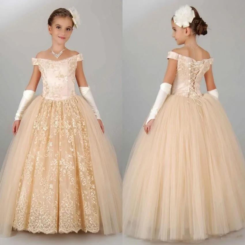 Бальное платье цвета шампанского, кружевные и тюлевые Платья с цветочным узором для девочек вечерние платья с коротким рукавом для маленьких девочек на свадьбу, для первого причастия