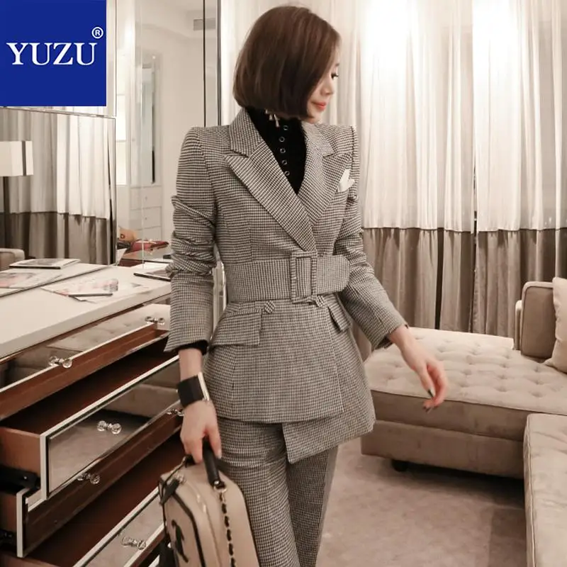 Women Suit With Belt Blazer Jacket Fashion Houndstooth Gray 2 Piece Set Double Breasted Turn