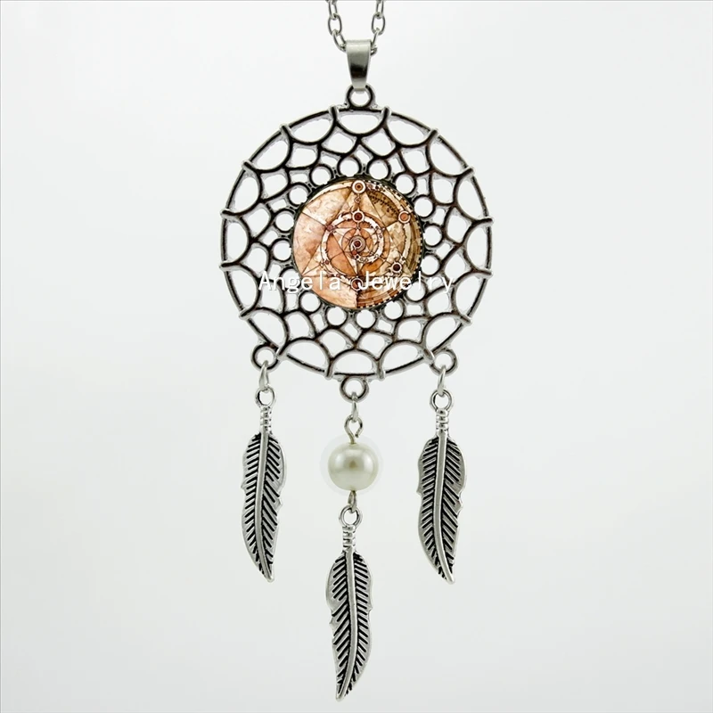 

2017 Trendy Style The Dark Crystal Necklace Triangles and Mystics Spirals Jewelry Silver Dreamcatcher Necklace DC-00568