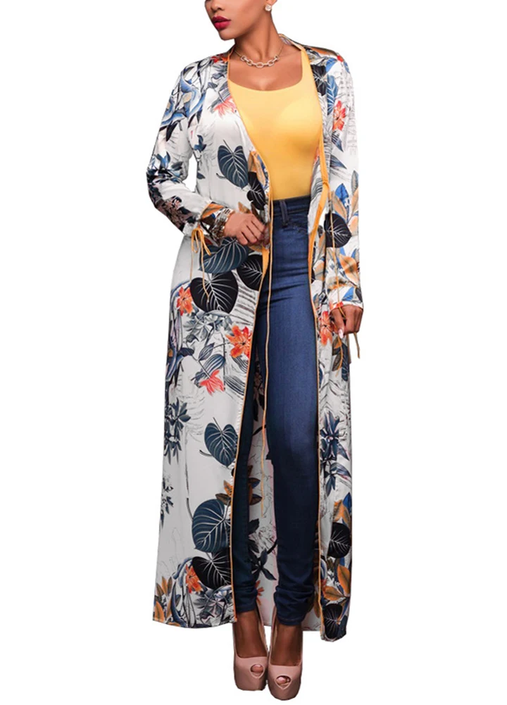 

2019 Summer Long Tunic Beach Cover Ups Long Sleeve Kimono Ethnic Floral Print Cardigan Shirts Women Blouses Kimono female White