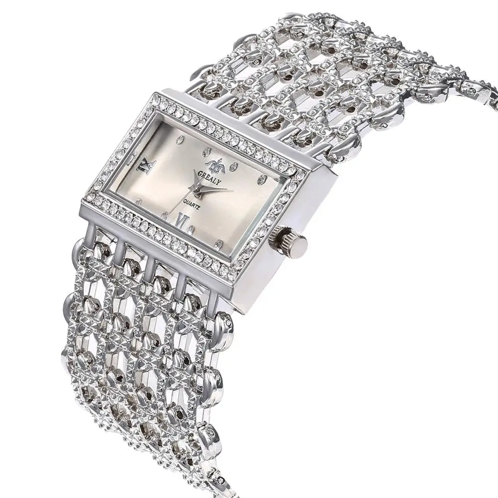 

Glitter Women Hollow Wide Roman Numeral Rhinestone Square Dial Quartz Watch
