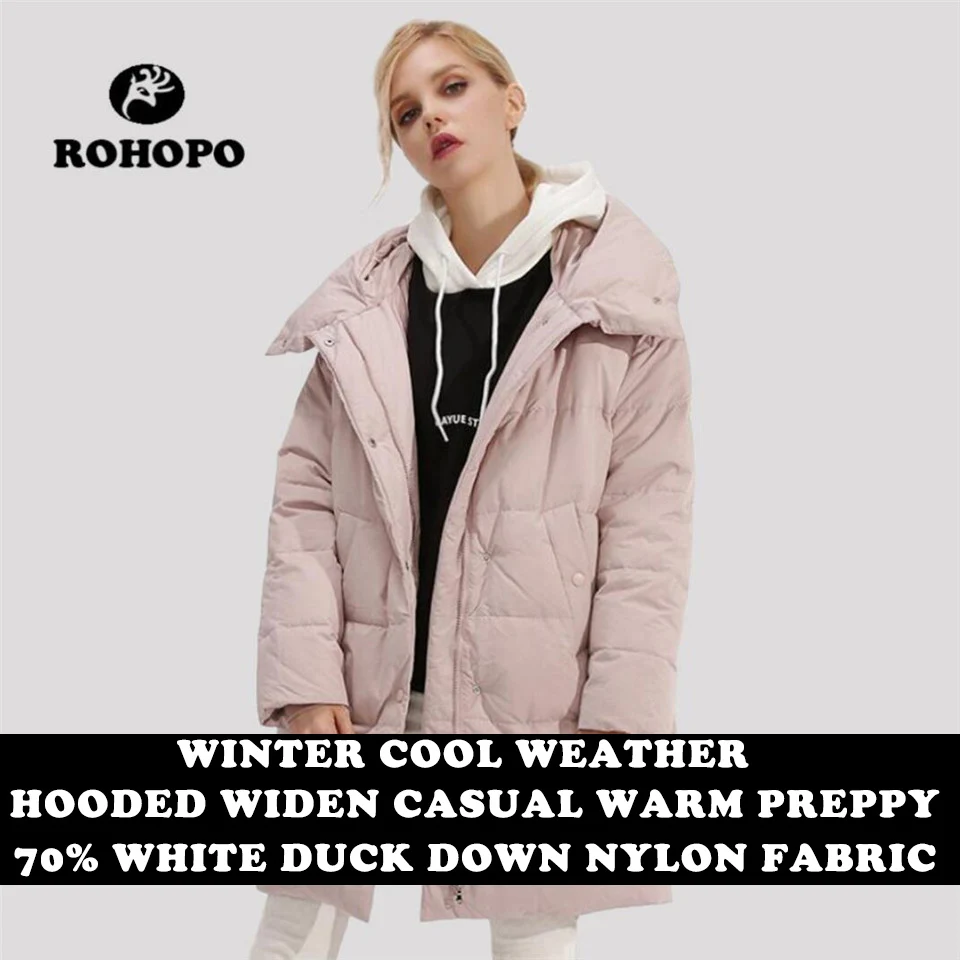 

ROHOPO Winter Hooded hat Women long Warmly Down parka Pink black red Female slim lightweight down coat Ladies solid Jacket Brand