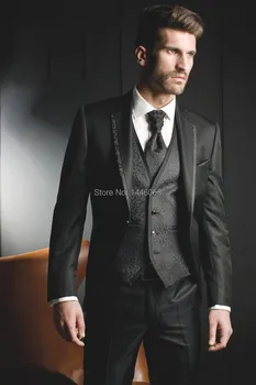 2018 New Arrival Black Flower Vest Male Groom Tuxedo Wear Mens Dress Suits Formal Wedding Suits