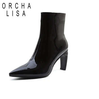 

ORCHA LISA Spring Women Shoes Mid calf Chelsea Short Boots Patent Leather Pointed Toe Thin High Heels Big Size Lady Pumps