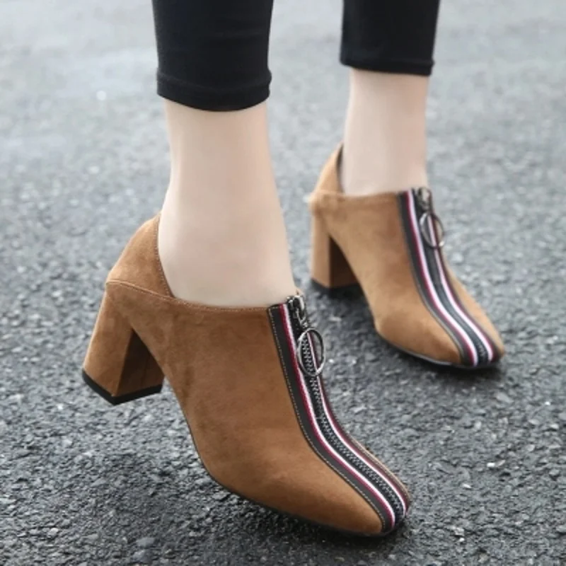 

2019 metal zipper single thick with high heels frosted square head spring and autumn bare ankle boots women's shoes