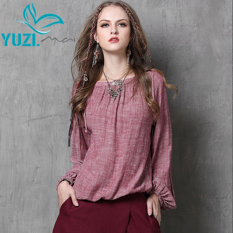 2015 Yuzi осень старинные новый хлопок белье женщин элегантный блузки фонарь рукав