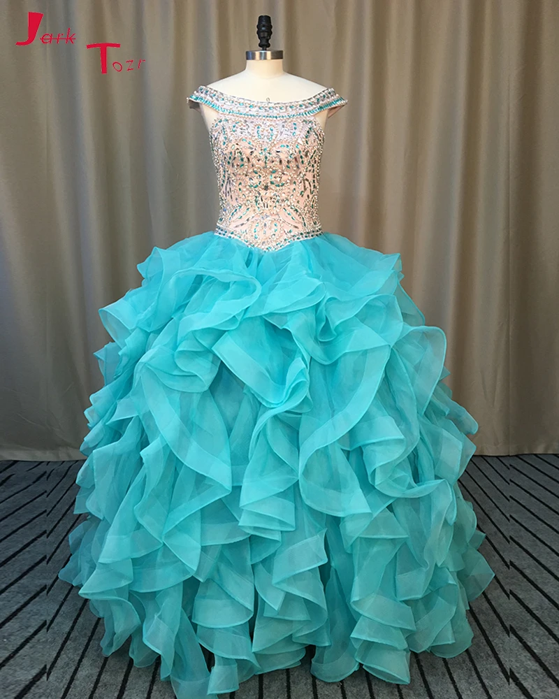 

Jark Tozr Vestido De Debutante Off the Shoulder Ruffles Skirt Turquoise Organza Sweet Ball Gown Quinceanera Dresses 2019
