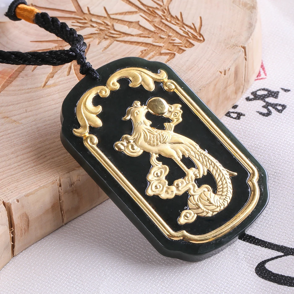 Fashion Gold Inlaid Jade New Fine 24K Yellow Gold Natural black Hetian Jade Gold Pendant Gold Phoenix Pendant free shipping 8681 Fine Jewelry