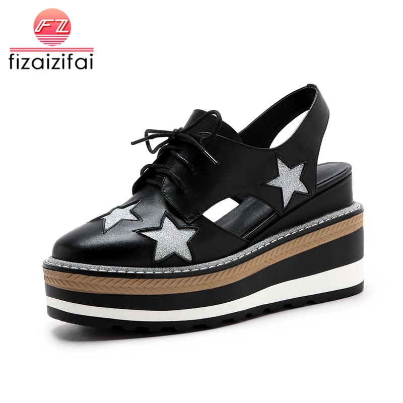 

FizaiZifai Women High Heel Sandals Genuine Leather Platform Star Ladies Summer Shoes Fahsion Shoes Vaaction Footwear Size 34-39