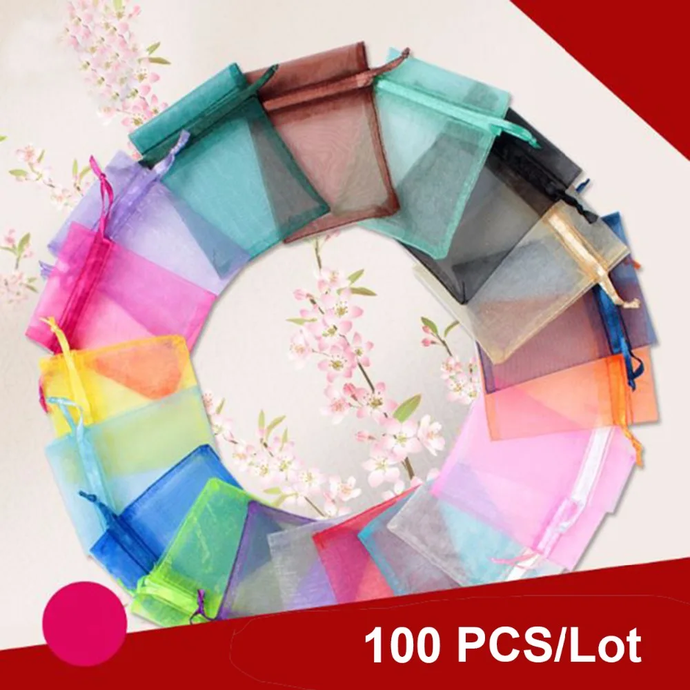 

100pcs jewelry gift bag organza bags packaging transparent party Drawable Wedding Pouches present jewel candy thank you 7x9 9x12