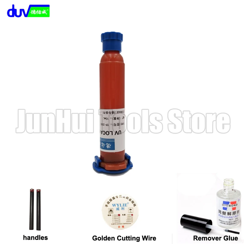 

20g Glue Remover Dispergator Screen glue + DUV 10g tp-2500 lcd glue LOCA UV glue +0.1mm x 100m Golden Cutting Wire + handle