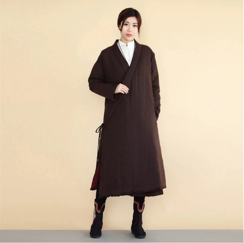 

Chinese folk style hanfu lady long sleeve hanfu brown robe Linen apparel clothes female cotton robe China hanfu