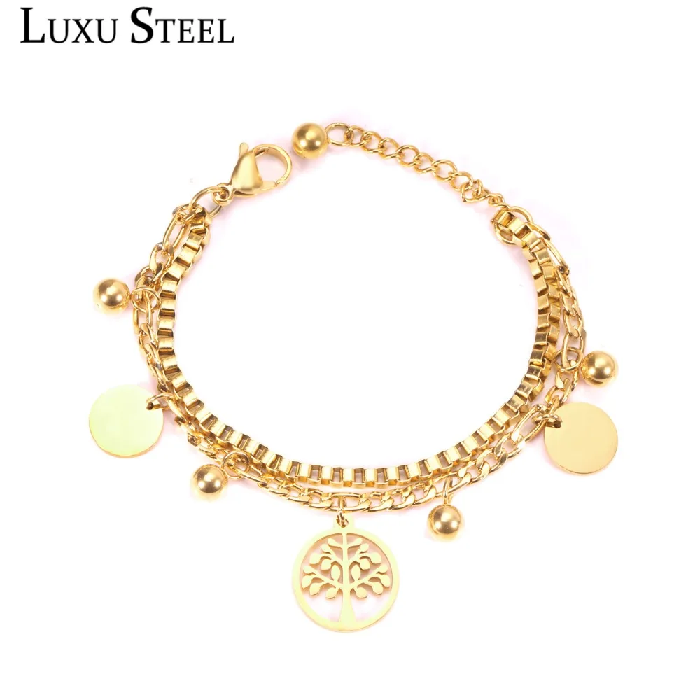

LUXUSTEEL Christmas Bracelets Unique Style Gold Color Tree And Round Pendants Stainless Steel Box Mixed Link Chain Bracelets