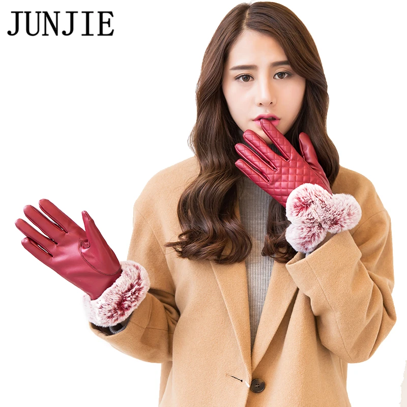 Noble Women Winter PU Gloves Warm High Simulation Rabbit Fur Mittens