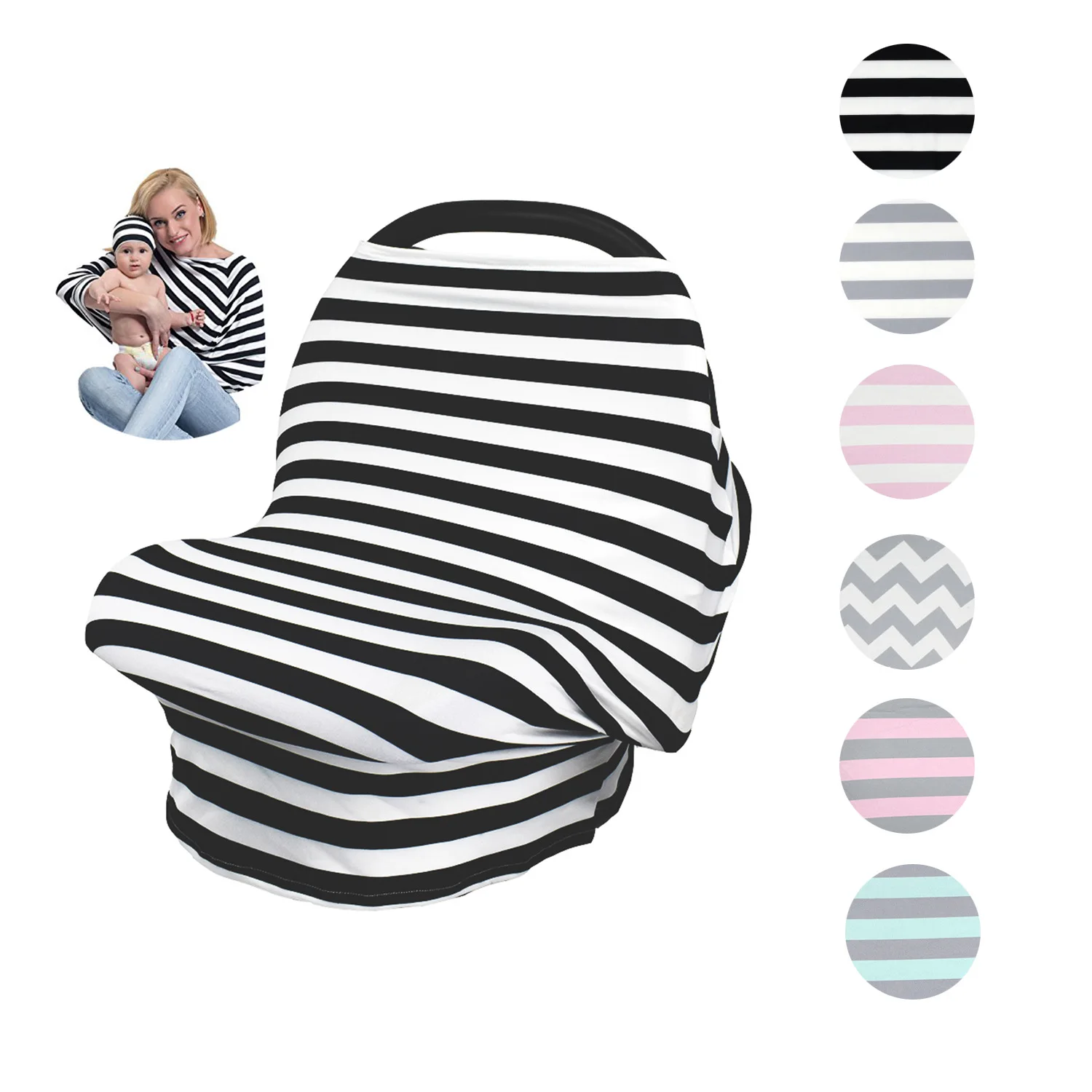 

Striped & Waved Patterns Baby Car Seat Cover Canopy Nursing Cover Multi-Use Stretchy Breastfeeding Shopping Cart Cover