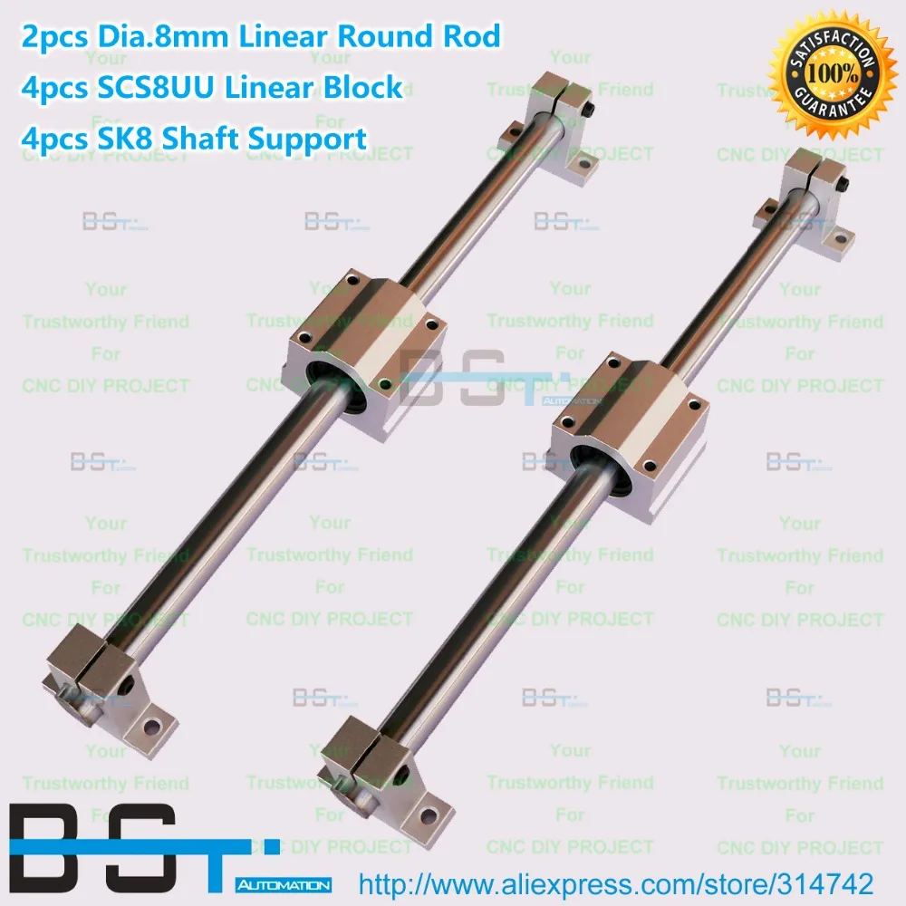 

Linear Round Rod 2pcs Dia. 8mm Linear Shaft Rod + 4pcs SCS8UU Linear Motion Block Bearing +4pcs SK8 Linear Shaft Support