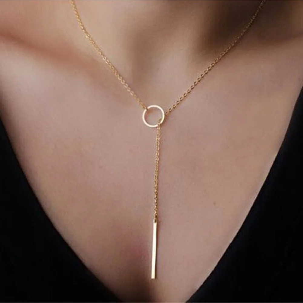 

Women Accessories Hot Fashion Gold-color Metal Chain Bar Circle Lariat Necklace Long Strip Pendant Necklaces Jewelry New Design