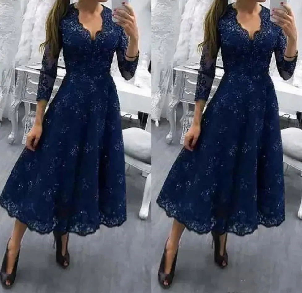 

Tea Length 2019 V Neck Mother Of The Bride Dresses 3/4 Long Sleeve Evening Applique Lace Formal Weddings vestido de madrinha