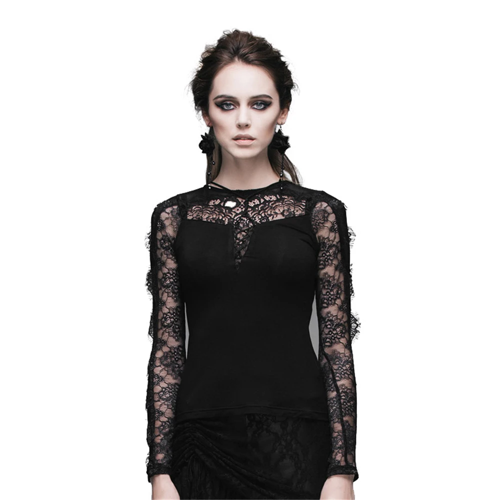 

Brand New Women Spring Punk Gothic Style Flocking Lace Perspective T-shirt Slim Fit Long Sleeve Hollow Out Black Blouse Plus 3XL