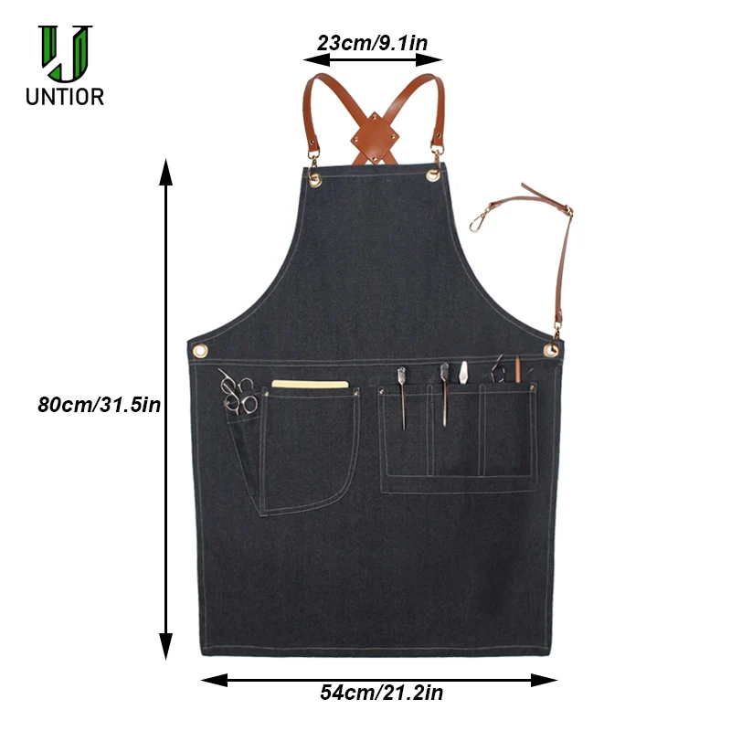 UNTIOR Denim Apron Fashion Cooking Kitchen Chef Waiter Cafe Shop BBQ Hairdresser Removable Denim Tools Apron For Woman Men