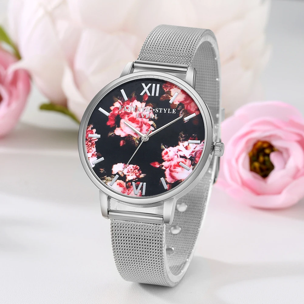 Lvpai Flower Watch Women Men Couples Lovers Mesh Belt Clock Quartz