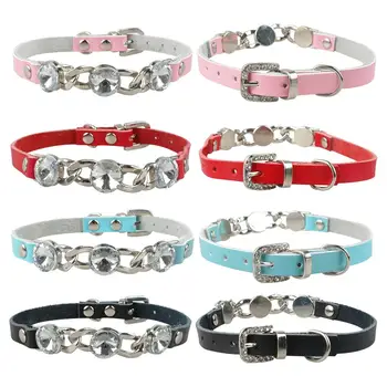 

Rhinestone Cat Small Dog Collar Diamante Leather Dogs Necklace Neck for 7-12" Pink Red Blue Black