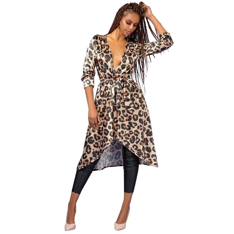 

Long section Leopard thin section windbreaker 2018 new autumn fashion V-neck irregular thin coat high street wild sexy Leisure