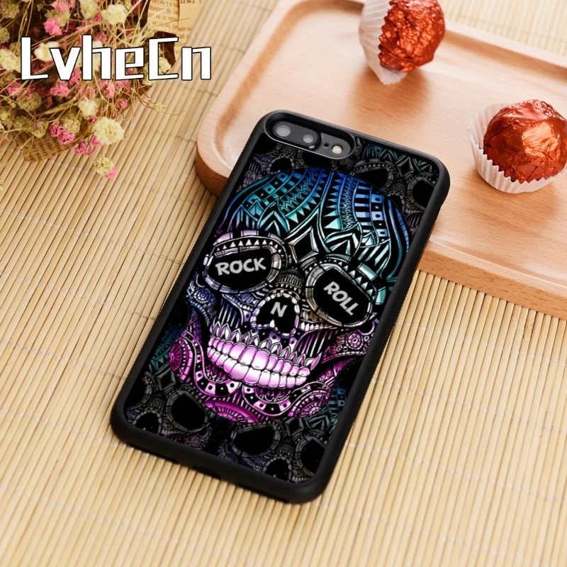 LvheCn Rock and n roll sugar skull Phone Case Cover For iPhone 5 6 6s 7 8 plus 11 pro X XR XS max Samsung S7 edge S8 S9 S10 |