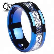 Queenwish 8mm bluetungsten anillo incrustaciones de fibra de carbono dragón de plata celta anillos de bodas de la eternidad para parejas joyería