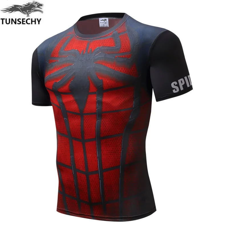 2017 سوبر بطل الرجل العنكبوت ملابس ضيقة شيرت ياقة جولة طوق زراعة المرء الأخلاق قصير كم shirt