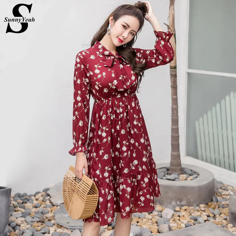 

Chiffon Floral Dress Women 2019 Spring Summer Dress Female Long Sleeve Red Casual Ruffles Elegant Party Dresses Ladies Vestidos
