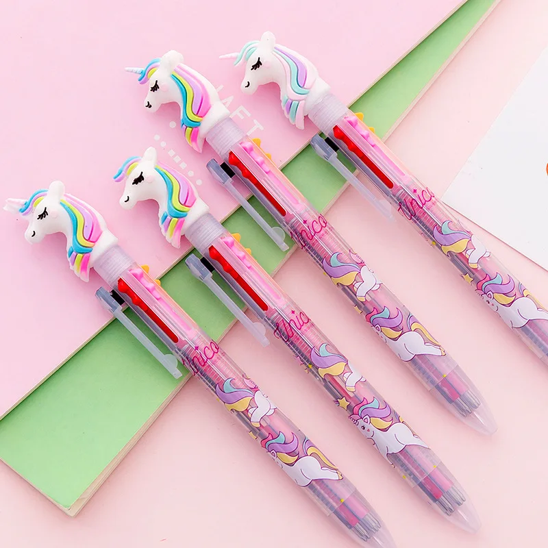

Cute 6 Color Ballpoint Pen Multicolor press Ball point pens Kawaii Rainbow unicorn Writing Supplies Students School Stationery