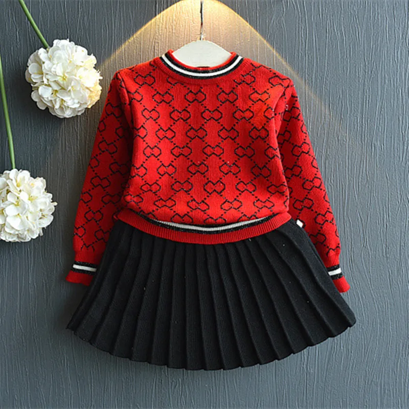 

DFXD Korean Style Baby GirlsClothing Set 2018 Autumn New Long Sleeve Pullover Sweater+Black Pleated Skirt 2pc Girls Outfits 2-8Y