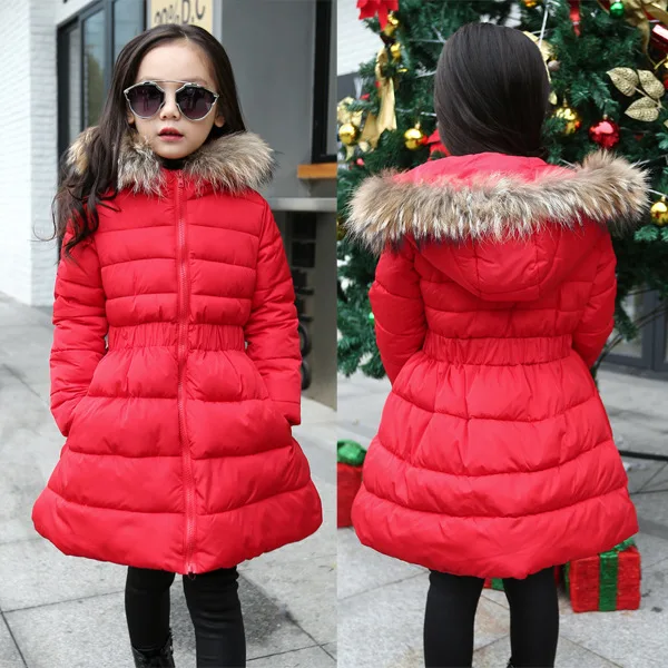 Детская зимняя куртка для девочек; Новинка г.; длинное пальто с меховым воротником и высокой талией; детская верхняя одежда; Одежда для девочек; теплые зимние пальто - Цвет: RED winter jacket