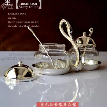 

Fashion Silver Double Swan sauce pot seasoning bottle coffee cup with spoon sugar glass