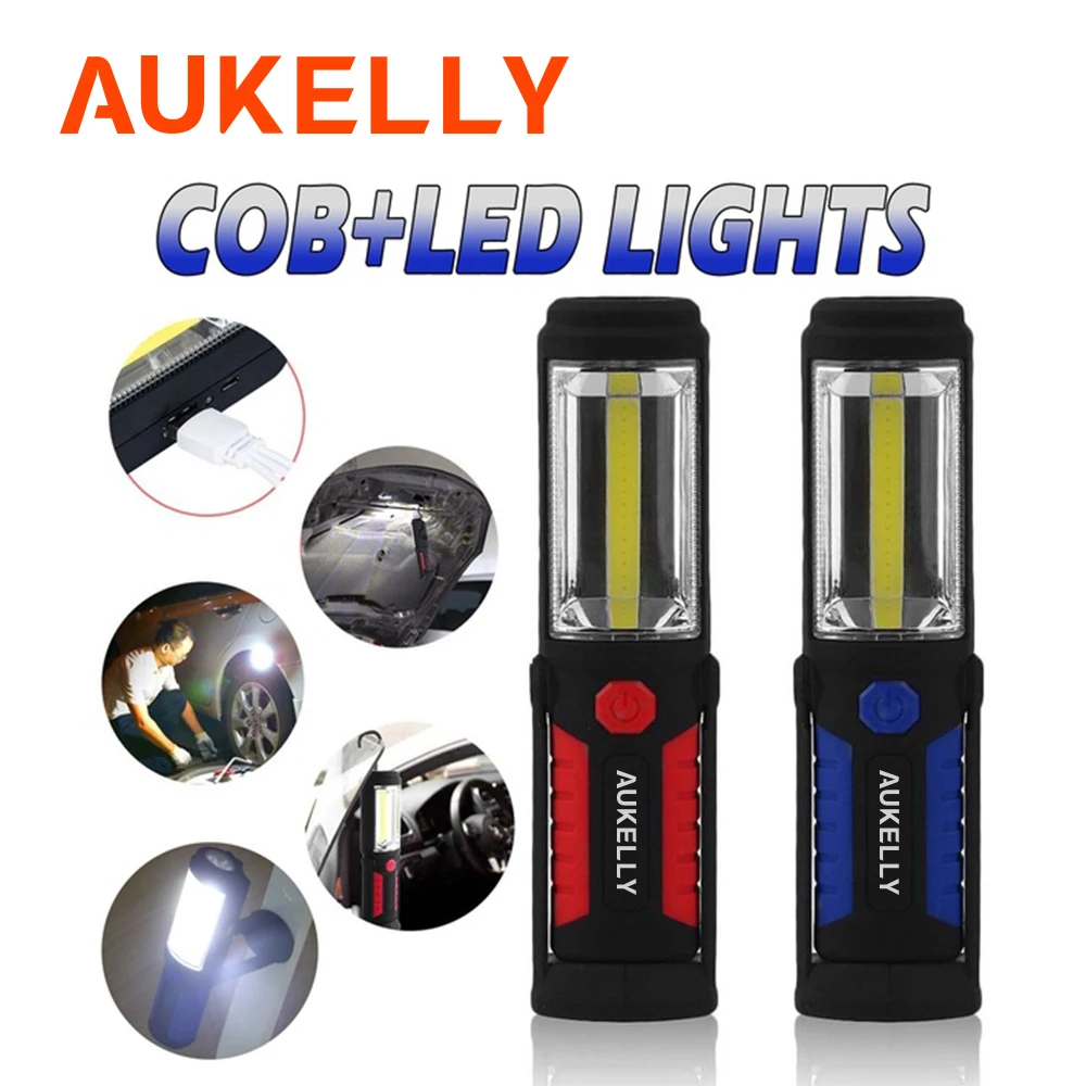 

Aukelly USB Rechargeable LED Flashlight Torch Work Light Magnetic Stand COB Lanterna Car Repair Lamp Hook Flashlights Power Bank