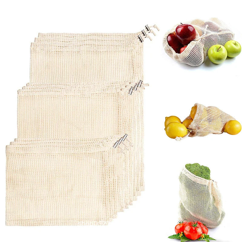 1 шт. многоразовые хлопковые мешки для овощей домашние кухонные мешки для хранения фруктов и овощей сетчатые сумки с кулиской машинная стирка 3 размера
