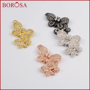 

BOROSA Micro Pave CZ Double Butterflies Charms Connectors,Wholesale High Quality CZ White Zircon Connector Jewelry Making WX729