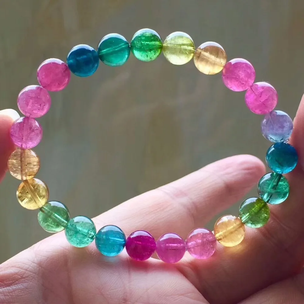 

Genuine Natural Rainbow Colorful Tourmaline Bracelets For Women Lady Stretch Healing Crystal Round Bead Bracelet 8mm AAAAA