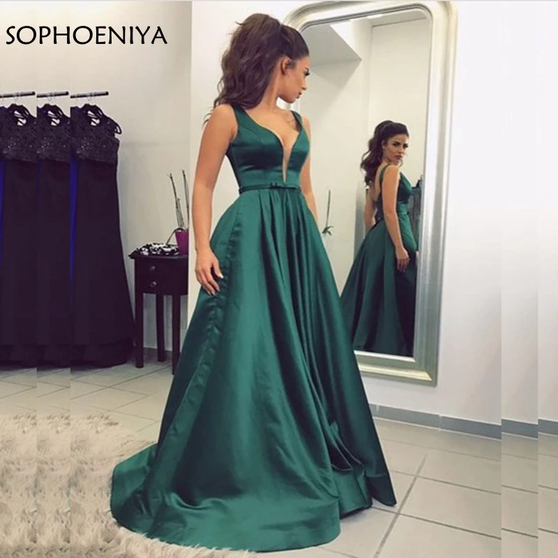 

New Arrival Satin Green evening dress 2019 Abiye Arabic Formal dress Party Robe de soiree abiye abendkleider Party long dress