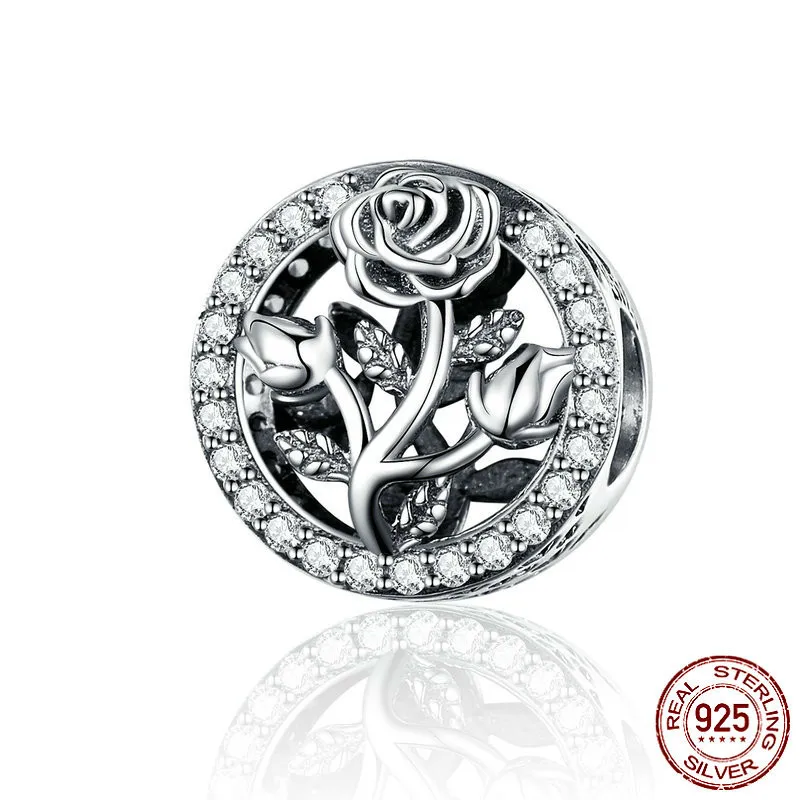 

Round Metal Charms 925 Stering Silver Rose Flower Beads Fit Pandora Jewelry Making Charm Bracelet Accessories Scc1189
